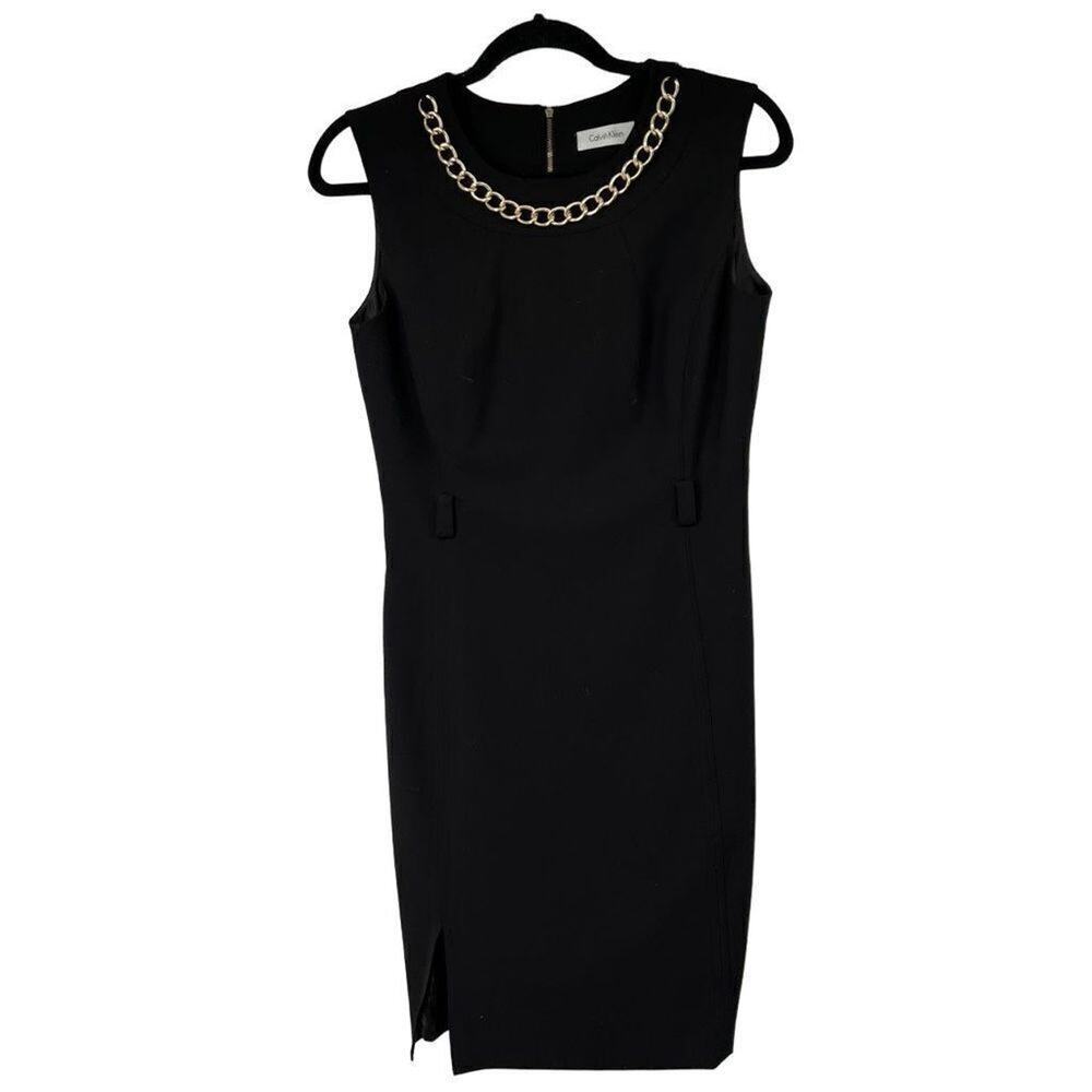 Calvin Klein Black Shift Gold Chain Accent Dress. Womens 4 Career Professional